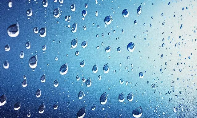 Image similar to beautiful picture of many big raindrops floating quietly on a blue background, hot and sunny highly-detailed, elegant, dramatic lighting, artstation, 4k, cinematic landscape, photograph by National Geographic