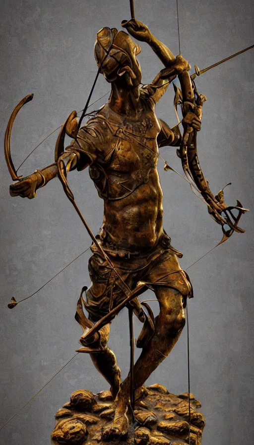 Image similar to An epic fantastic realism comic book style painting of a distressed bronze archery sculpture from the future by Stanislaw Szukalski, beautiful colorful flowers rain down, gilded marbled paper background, archer, fisheye lens, unreal 5, DAZ, hyperrealistic, octane render, dynamic lighting