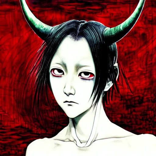 Image similar to yoshitaka amano blurred and dreamy realistic three quarter angle horror portrait of a sinister young woman with short hair, horns and red eyes wearing office suit with tie, junji ito abstract patterns in the background, satoshi kon anime, noisy film grain effect, highly detailed, renaissance oil painting, weird portrait angle, blurred lost edges