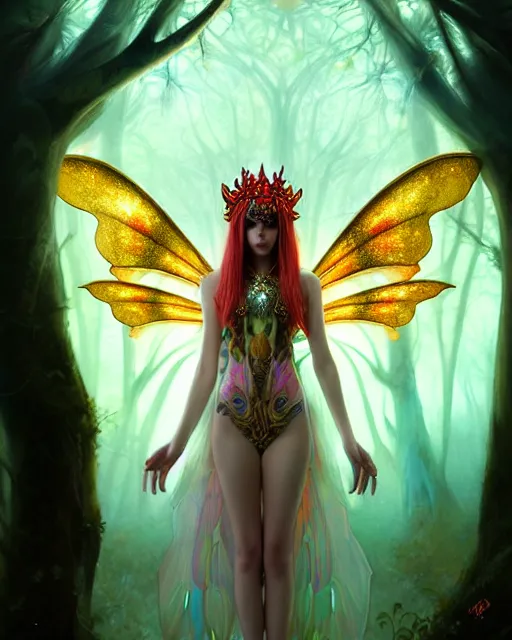 Image similar to stunningly beautiful female faerie priestess in amanita muscaria forest landscape, symmetrical wings on back, neon hair, fantasy art, wearing a dress of gossamer gold, dark light night, sharp focus, digital painting, 4 k, concept art, art by wlop, greg rutkowski and alphonse mucha, brom, face by otto schmidt