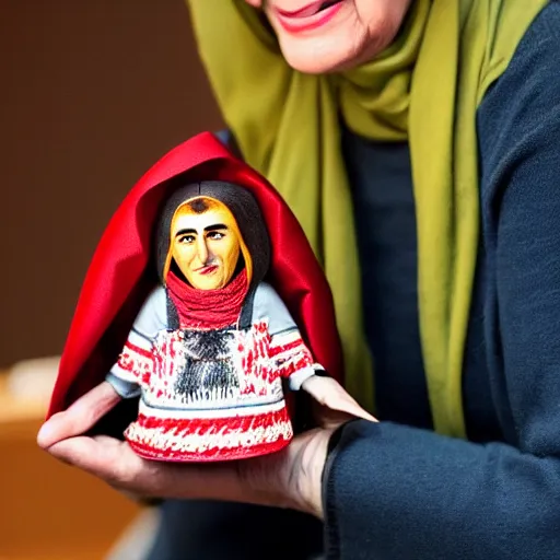 Prompt: portrait of a babushka with collectible miniature handmade john oliver doll