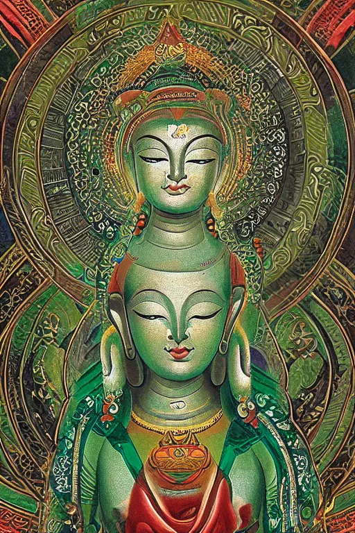 Image similar to A very Beautiful Green Tara portrait, a geometric figure representing the universe in tibet and Buddhist symbolism, Shine in of the Mandala background by H. R. Giger,portrait,ཐང་ཀ་,ཛཾ་བྷ་ལ།,symmetrical, 8k resolution, photorealistic, high detail ,Unreal Engine, Trending on artbreeder. Green color scheme