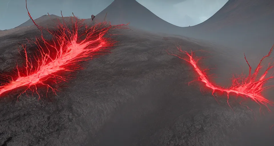 Image similar to a volcano made of ivory vines and crimson rocks enters in eruption, it spits a smoke in the shape of demonic eye, with Unreal Engine