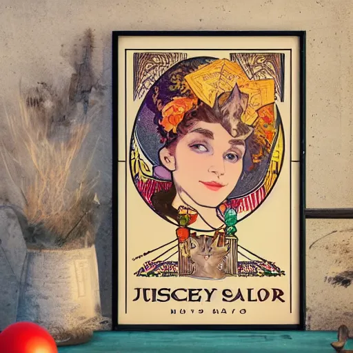 Image similar to a vintage poster with border of a Caucasian fortune teller lady with curly hair, a spread of tarot cards on a table, cats on her side, in a colorful tent, Alphonse Mucha poster ,