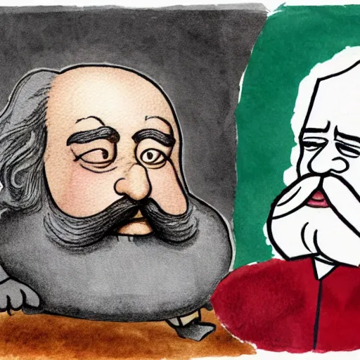 Image similar to the epic battle between Jordan Peterson and Karl Marx, stylised watercolour painting by William Blake and Matt Groening