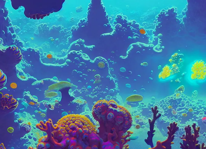 Image similar to a luminescent coral reef by paolo eleuteri serpieri and tomer hanuka and chesley bonestell and daniel merriam and tomokazu matsuyama and killian eng, unreal engine, high resolution render, featured on artstation, octane, 8 k, highly intricate details, vivid colors, vector illustration, rainbow colors