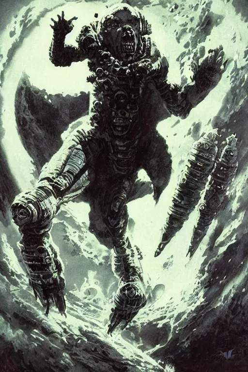 Image similar to pulp scifi fantasy illustration full body portrait of martyn ford as huge monstrous demon smashing spaceship on the moon, by norman rockwell, jack kirby, bergey, craig mullins, ruan jia, jeremy mann, tom lovell, marvel, astounding stories, 5 0 s