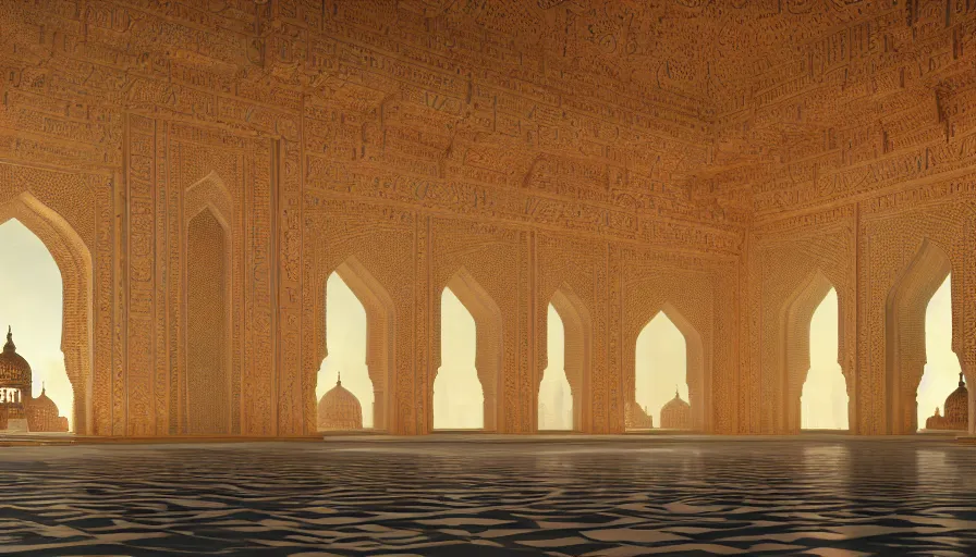 Image similar to the inside of a monument with mughal motifs, by tim blandin and arthur haas and bruce pennington and john schoenherr, big windows architecture by zaha hadid, octane render, cinematic, scenery, cgsociety, modernism, futuristic, trending on artstation, sci - fi, high detail, high quality, close up angle, people walking