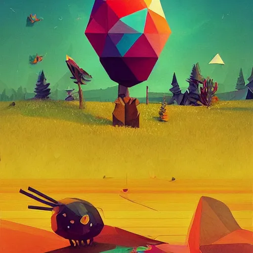 Prompt: low poly, pixar, a beautiful painting of a naturaleza alieniegena y extranas figuras, todo hecho con papel de pinata, mandala, grunge textures con explosion of color, simon stalenhag, gediminas pranckevicius