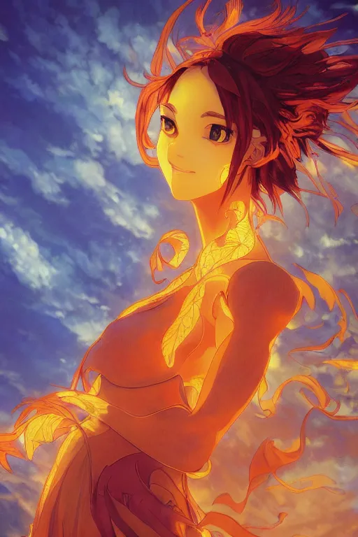 Prompt: a beautiful render of a beautiful female fire sprite, flames, anime, manga, a beautiful face, perfectly shaded, atmospheric lighting, style of makoto shinkai, raphael lacoste, louis comfort tiffany, artgerm, karol bak, james jean, alphonse maria mucha