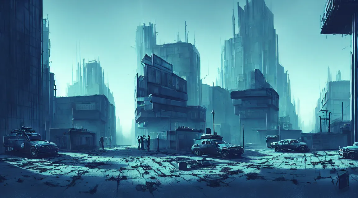Image similar to a sharp game scene concept with a environment of a post - apocalyptic post apocalyptic police station a blue sky, building, avenue, urban architecture, apocalyptic architecture, paved roads, by nathan walsh trending on artstation, photorealistic, wild vegetation, human silhouettes, cyberpunk, environment artist, dystopian, science fiction