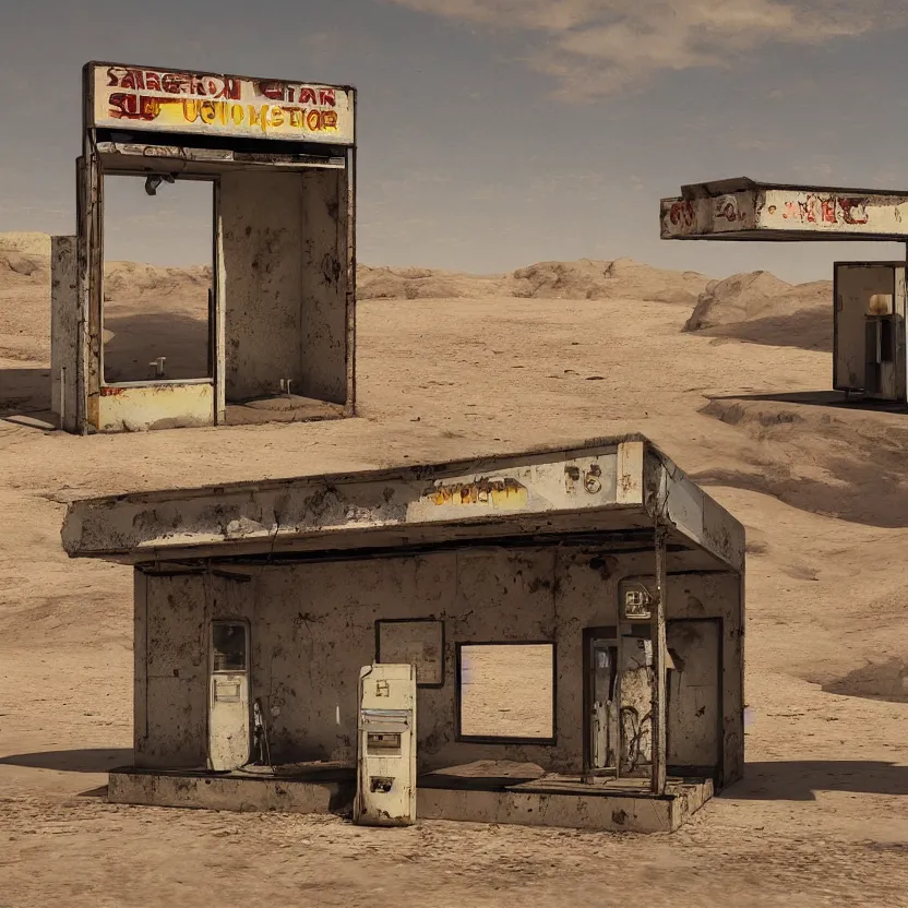 Image similar to an old, tiny abandoned gas station in the middle of the desert, cobweb, old, artstation, digital art.