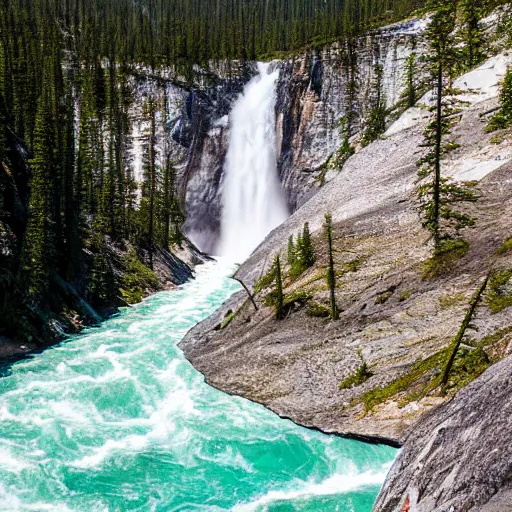 Prompt: a kayak descends Takakkaw Falls waterfall in Yoho National Park, photography in the style of National Geographic