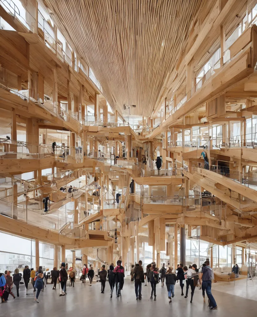 Image similar to a complex building interior, large wood joinery, people walking