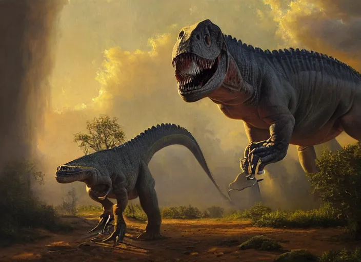 Image similar to oil painting of a dinosaur on canvas, by James gurney, realism, warm lighting, award winning, high detail, professional, volumetric lighting