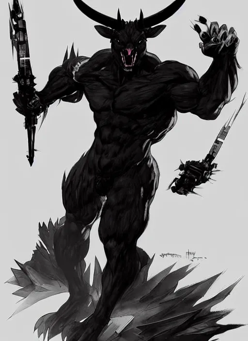 Image similar to Full body portrait of horned shadow bear spirit with sharp claws. In style of Yoji Shinkawa and Hyung-tae Kim, trending on ArtStation, dark fantasy, great composition, concept art, highly detailed.