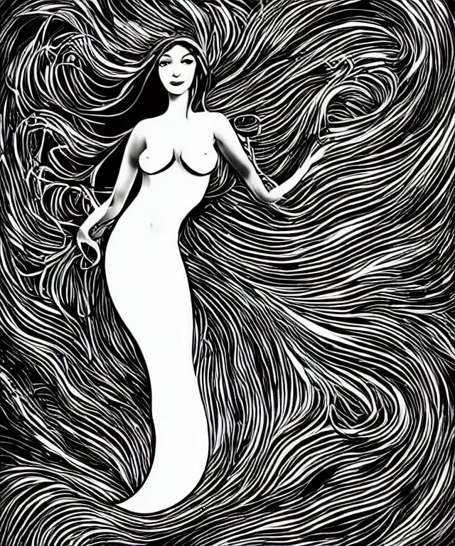 Image similar to black and white illustration, creative design, beautiful mermaid, full body, flowing hair