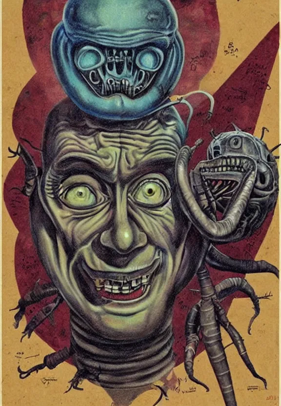 Prompt: subgenius, x - day, aliens, weird stuff, occult stuff, devil stuff, extreme detail, muted colors, vintage, stained paper, hyperrealism, stage lighting