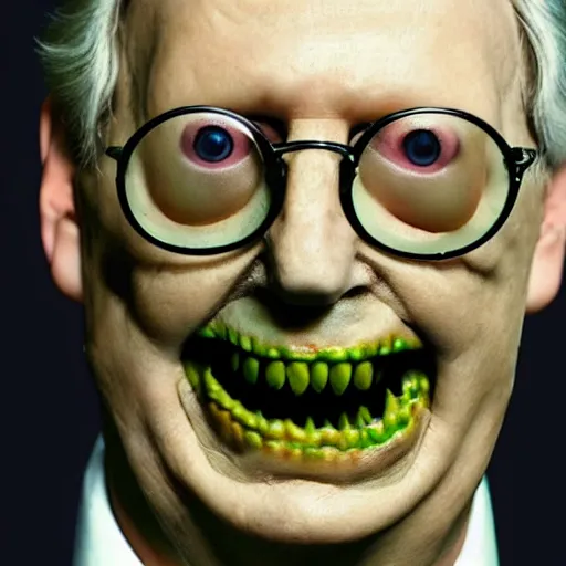 Image similar to the melting slimy face of villain mitch mcconnell flesh monster. horror film production photograph.