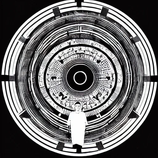 Prompt: techno buddah in front of concentric geometric radial sun portal with ancient wuji symbols embedded within it, black fine lines, stanley donwood, victo ngai