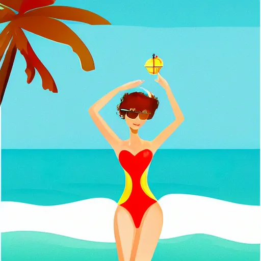 Image similar to a beautiful illustration of a woman in a swimsuit on the beach with palm trees by hed kandi, adobe illustrator