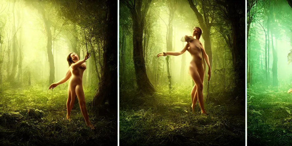 Image similar to a clearing in forest, frightened woman by johannen voss by david cronenberg by francis bacon by peter kemp by octane render blender 8 k