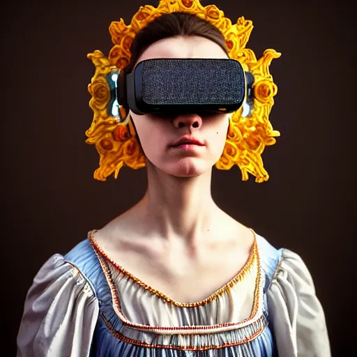 Prompt: Colour Caravaggio style Photography of Highly detailed beautiful Woman with 1000 years perfect face and wearing detailed Ukrainian folk costume designed by Taras Shevchenko also wearing highly detailed futuristic VR headset designed by Josan Gonzalez. Many details In style of Josan Gonzalez and Mike Winkelmann and andgreg rutkowski and alphonse muchaand and Caspar David Friedrich and Stephen Hickman and James Gurney and Hiromasa Ogura. Rendered in Blender and Octane Render volumetric natural light