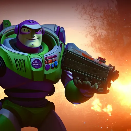 Image similar to Buzz Lightyear shooting in 'Gears of War', splash art, movie still, cinematic lighting, detailed face, dramatic, octane render, long lens, shallow depth of field, bokeh, anamorphic lens flare, 8k, hyper detailed, 35mm film grain