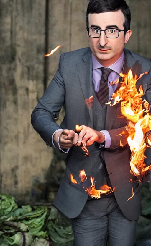 Prompt: john oliver setting fire to cabbage, photo