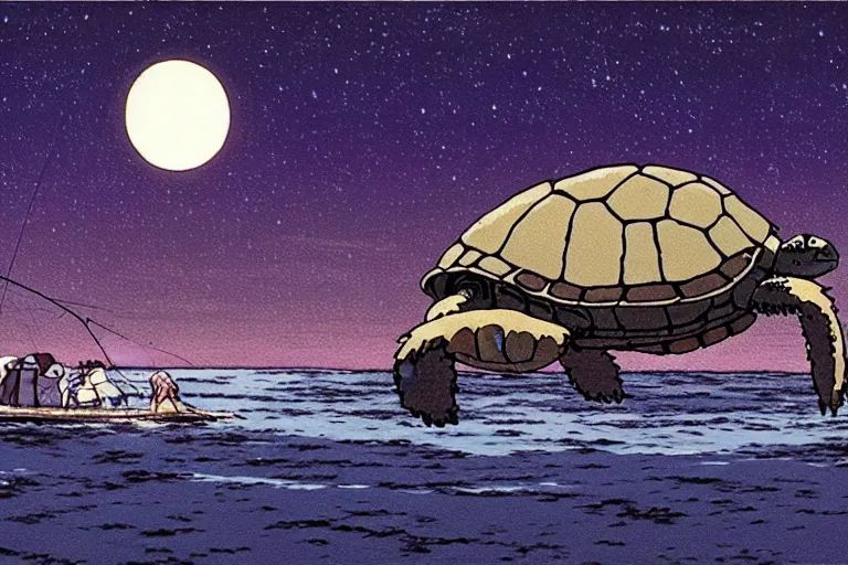 Image similar to a still from princess mononoke ( 1 9 9 7 ) film of an alien mothership shaped like a sea turtle, at night in the suburbs. full body, wide shot, very muted colors, post grunge, studio ghibli, laurie greasley, highly detailed, deviantart, art by artgem