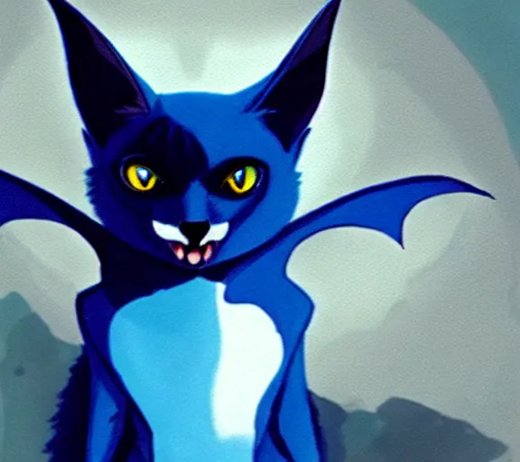 Prompt: a blue - and - black male catbat fursona with blue / green heterochromatic eyes ( differently - colored eyes, one eye green, one eye blue ) and huge bat ears, photo of the catbat streaming on his computer