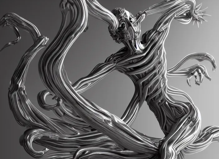 Image similar to stylized shiny polished silver statue full body extra limbs bizarre cosmic horror demonic demon made of marble of slug creature tendrils, perfect symmetrical body, perfect symmetrical face, hyper realistic, hyper detailed, by johannen voss, by michelangelo, octane render, blender, 8 k, displayed in pure white studio room