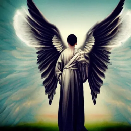 Image similar to a photo of an angel who has six wings : with two to cover his face, and with two to cover his feet, and with two he flew.