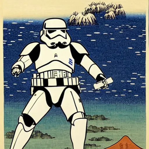 Prompt: star wars stormtroopers in battle, in the style of ando hiroshige, ukiyo - e