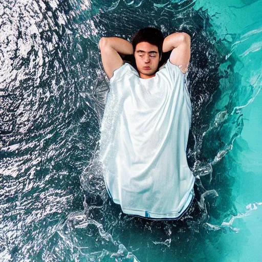 Image similar to a bird eye shot of the most beautiful young athletic slim male ever created sleeping in a chamber full of water, photographed by andrew thomas huang