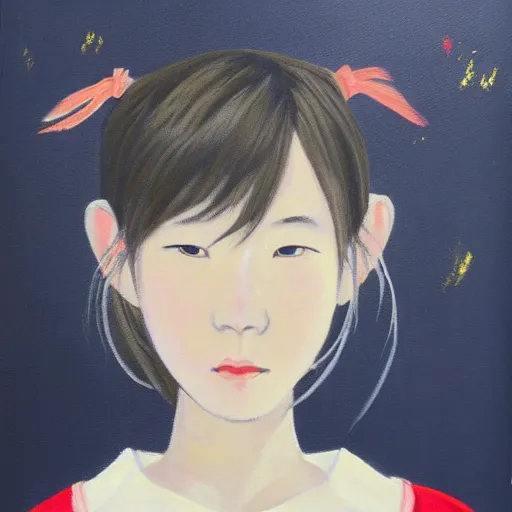 Image similar to a painting of Japanese schoolgirl, clothed, acryl