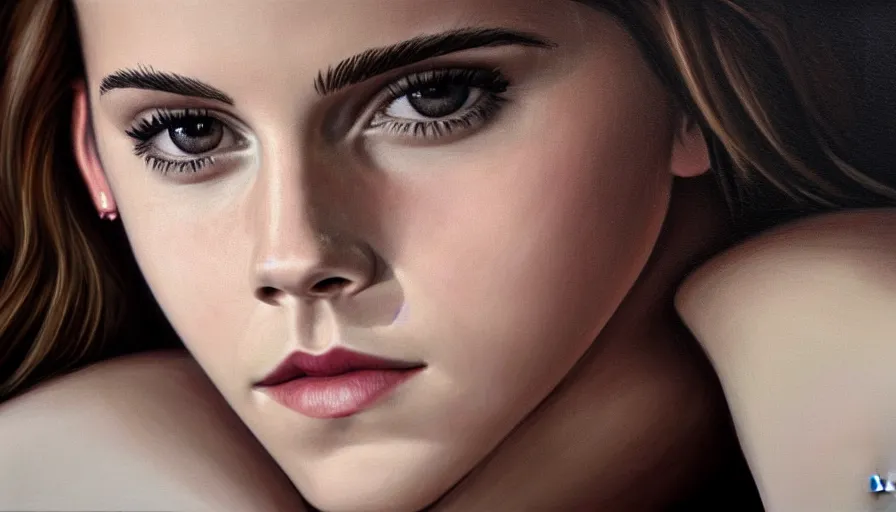 Prompt: emma watson portrait photorealistic painting. soft lighting, smooth gradients. seductive smile. lights and shadows. sultry, anamorphic lens