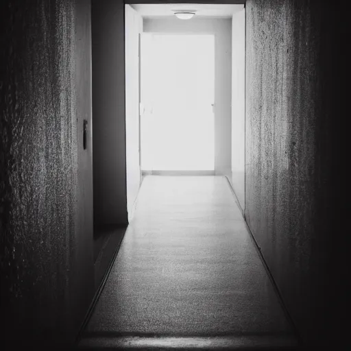 Image similar to a hallway with a shadowy silhouette standing at the end, creepy, uncanny, liminal space