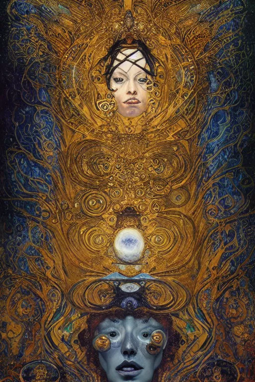 Prompt: Divine Machinery of Fate by Karol Bak, Jean Deville, Gustav Klimt, and Vincent Van Gogh, enigma, destiny, otherworldly, fractal structures, arcane, prophecy, ornate gilded medieval icon, third eye, spirals