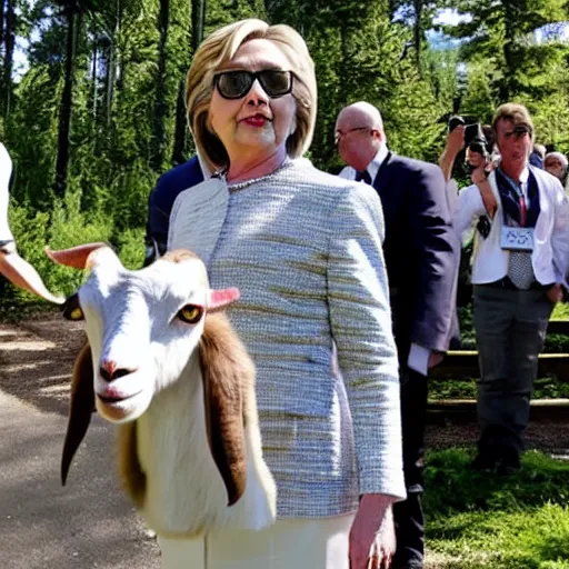 Prompt: hillary clinton wearing a goat head at the bilderberg meeting in the forest