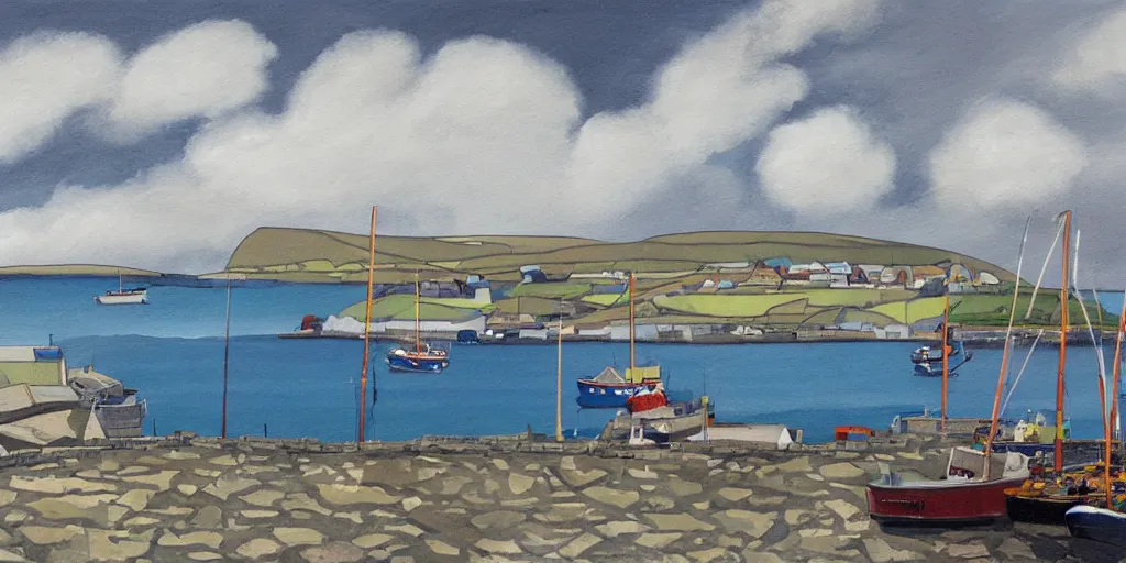 Image similar to a painting of the harbour at Stromness, orkney islands, small houses, boats, sea, stormy clouds, by studio Ghibli