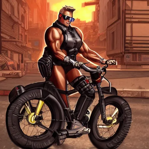 Prompt: duke nukem on a bike, anime, cyberpunk, artgerm, masterpiece, action game style, digital art, trending on arts