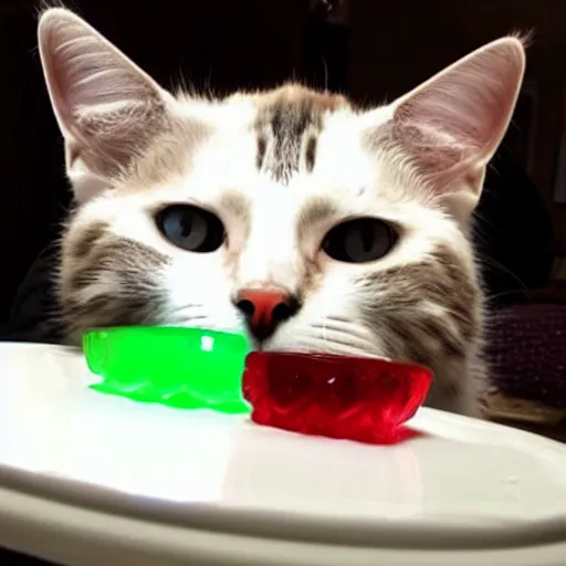 Image similar to a cat with glowing eyes made entirely of jello