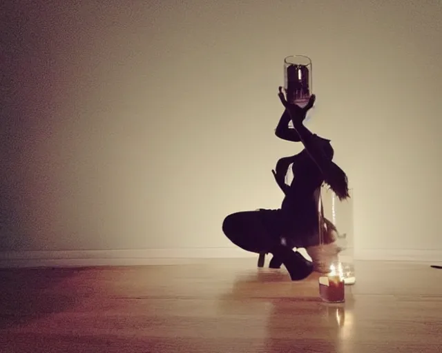 Prompt: transparent horror spirit attacks in living room with summoning circle candle lights out interior photos shot on iphone, dynamic pose, full body shot, sharp focus, grainy, corpse, paranormal flashlight, deep night,,