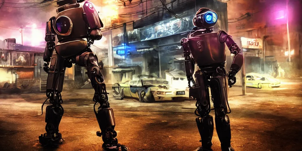 Image similar to a robotic chtulhu police officer next to a futuristic police car, rusty helmet, cyberpunk, fallout 5, studio lighting, deep colors, apocalyptic setting, city at night