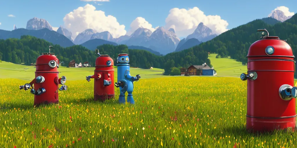 Prompt: a ultra photorealistic and sharp film still of an a sunny and colourful open field in 1 9 0 0 in the middle of the bavarian alps, germany. two colourful highly detailed tin can robots posing in the foreground. wide shot, wes anderson, studio ghibli, pixar and disney animation, octane render, anime key art by greg rutkowski, dramatic lighting, award winning photography