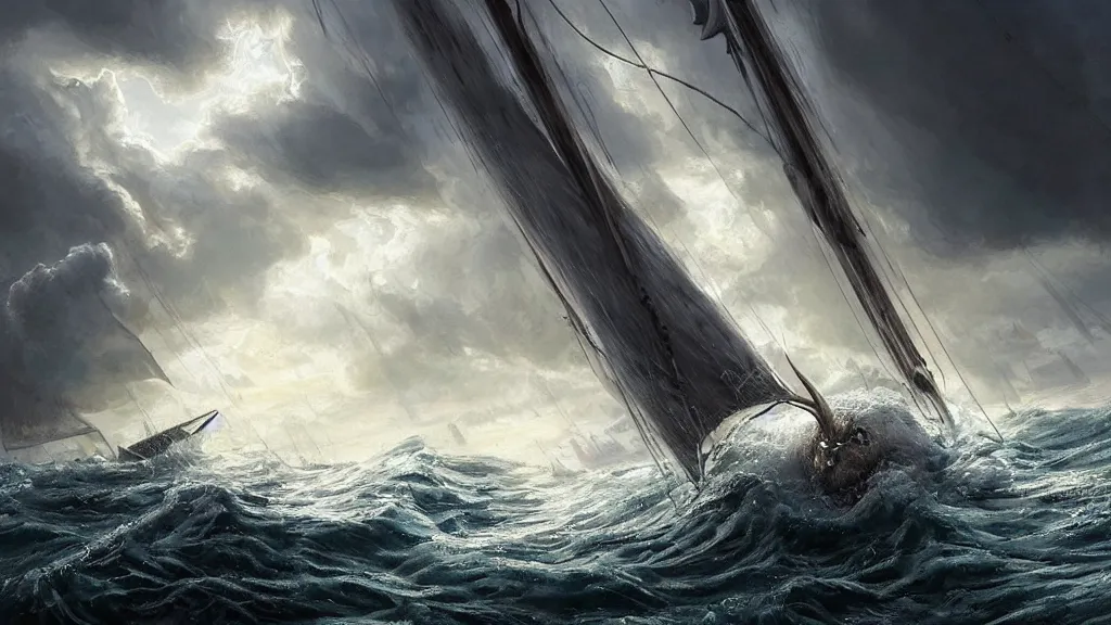 Image similar to a gigantic rat bursting out of a stormy sea attacking a small sail boat, wet fur, giant waves, sunbeams in background, intricate, detailed, volumetric lighting, sharp focus, scenery, photorealism, digital painting, highly detailed, concept art, by by aleski briclot and alexander'hollllow'fedosav and laura zalenga