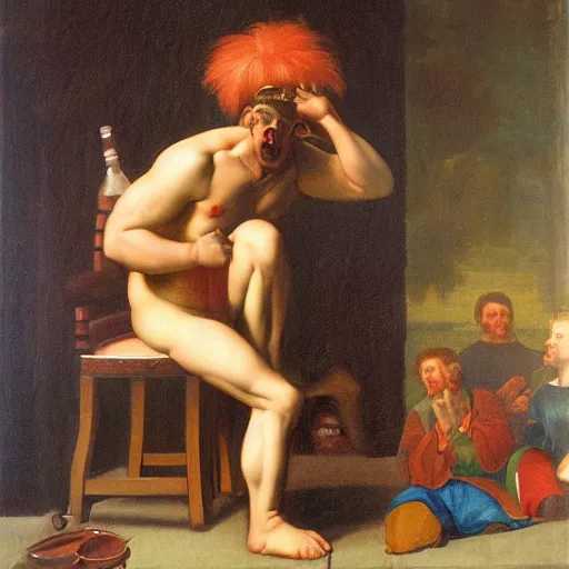 Image similar to renaissance painting of greek god eros who is a clown, has hurt his knee, sitting in a chair and is watching the game on tv, beer in hand