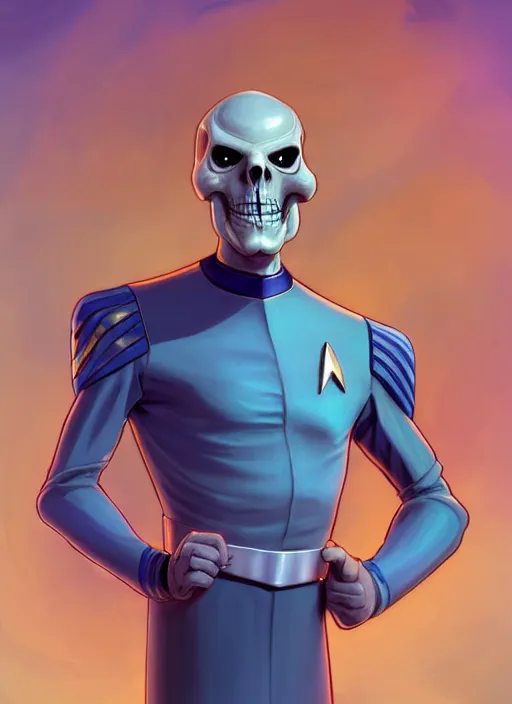 Image similar to cute star trek officer skeletor, natural lighting, path traced, highly detailed, high quality, digital painting, by don bluth and ross tran and studio ghibli and alphonse mucha, artgerm