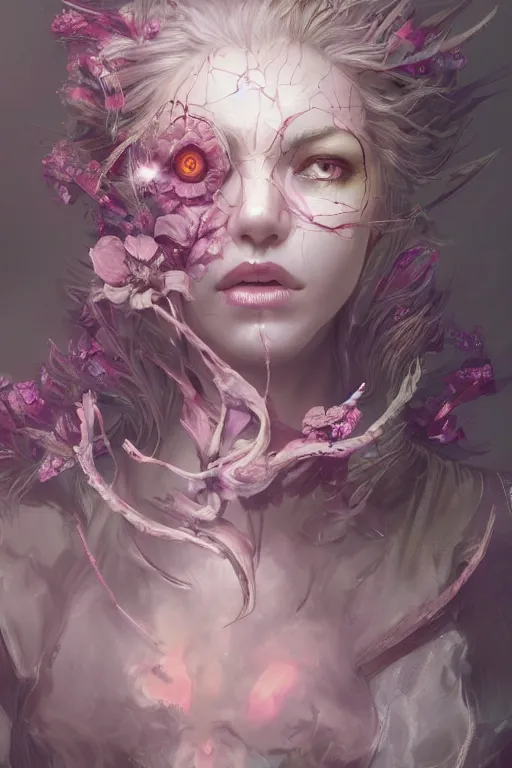 Image similar to face closeup of beautiful girl necromancer, witch - doctor exploding into flowers, angels, 3 d render, hyper - realistic detailed portrait, holding fire and electricity, leaves and magic, ruan jia, wlop. scifi, fantasy, magic the gathering, hyper detailed, octane render, concept art, peter mohrbacher